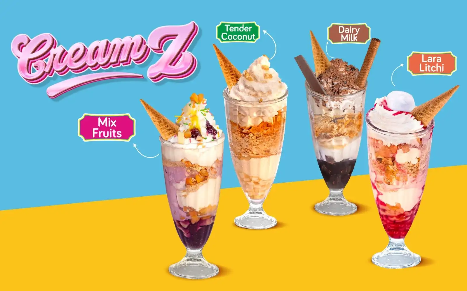 Assorted premium ice cream parfait glasses with layered toppings, crunchy cones and whipped cream from 51 Rainbow Creamz