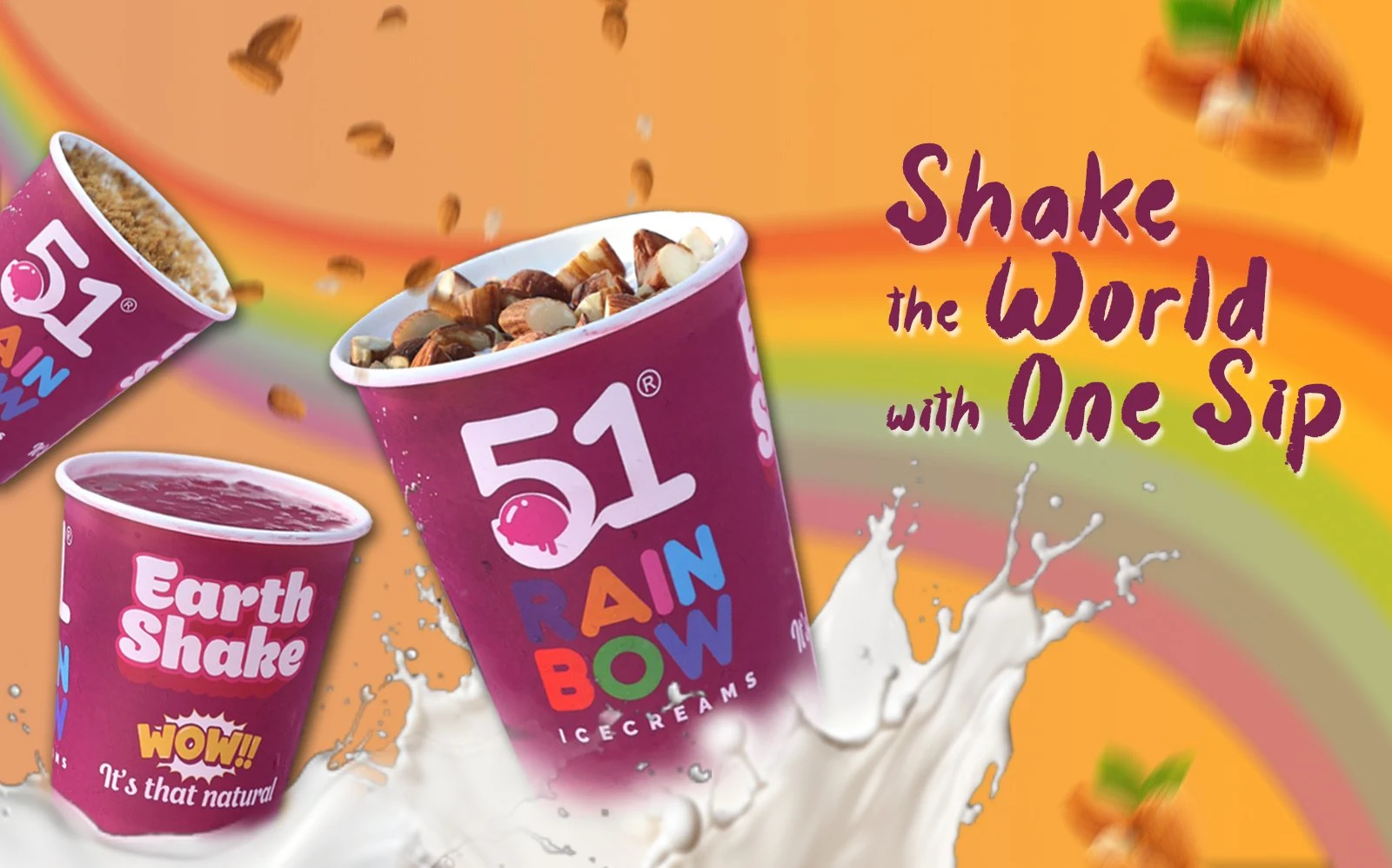 51 Rainbow Ice Cream earth shake milkshake with nuts and splash effect, natural flavored shake drink
