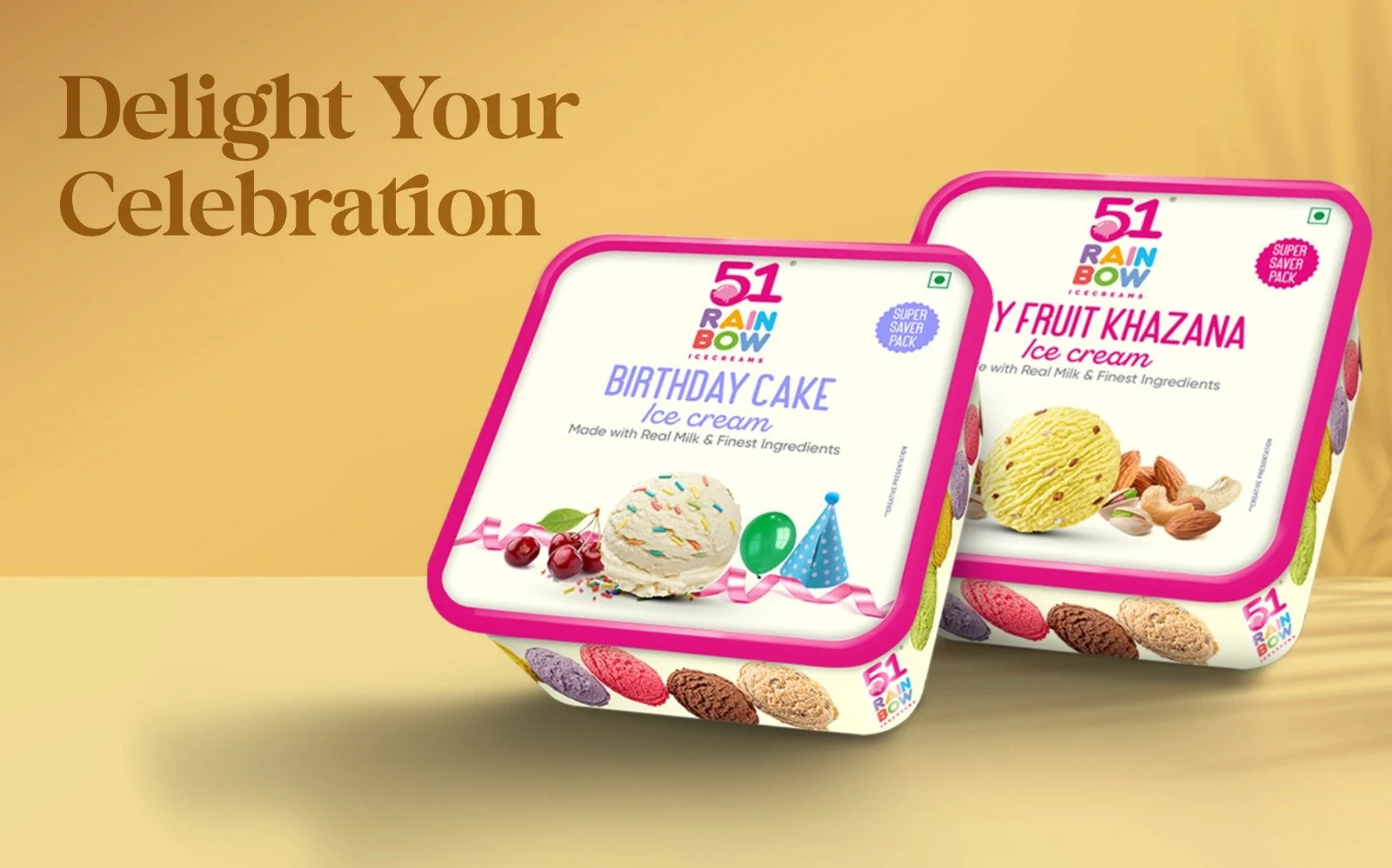 51 Rainbow Ice Cream birthday cake and fruit khazana tubs with celebration theme, real milk ice cream packs