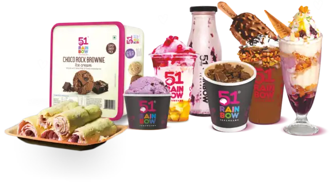 51 Rainbow Ice Cream menu highlights showing variety of frozen desserts and drinks