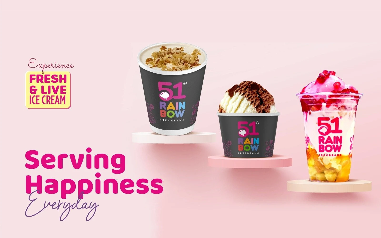 51 Rainbow Ice Cream cups and dessert with fresh live ice cream, serving happiness everyday concept