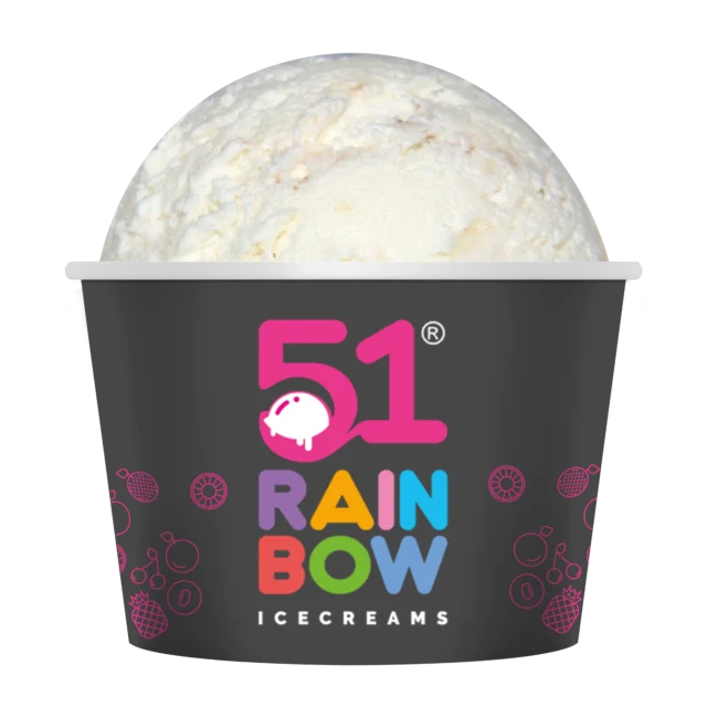 Vanilla ice cream scoop in branded 51 Rainbow Ice Cream tub with colorful logo