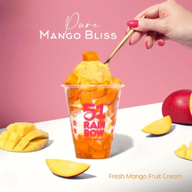 51 Rainbow cup filled with fresh mango chunks and a generous mango ice cream scoop