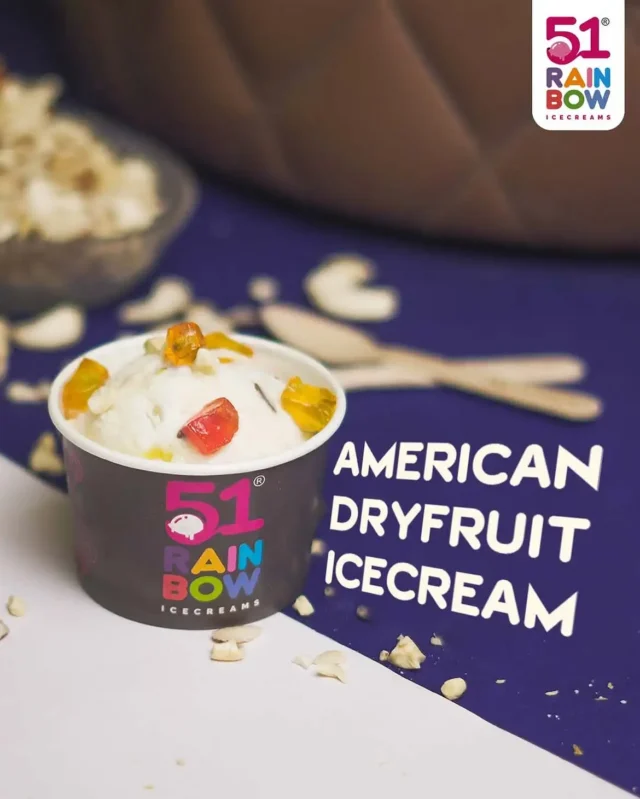 51 Rainbow American dry fruit ice cream cup topped with cashews and tutti frutti
